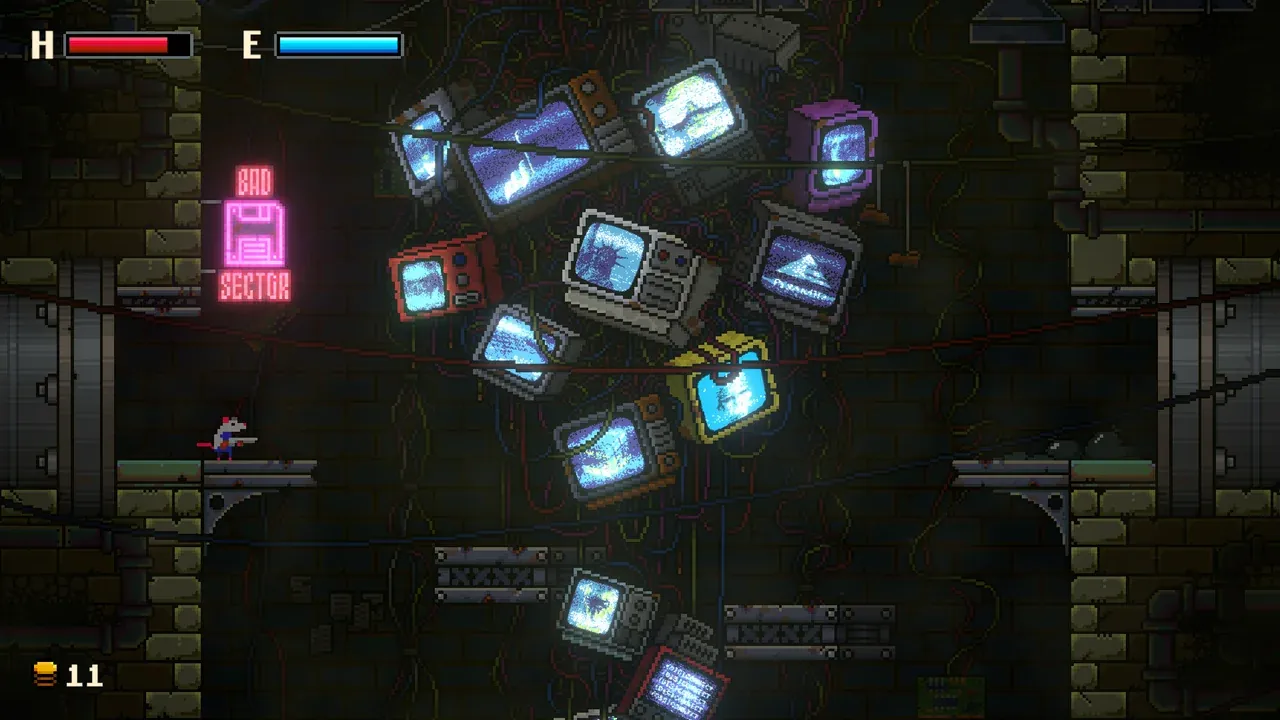 GUNRAT screenshot 1 — A marketplace chamber lies hidden deep within the sewers. Its central wall is dominated b…