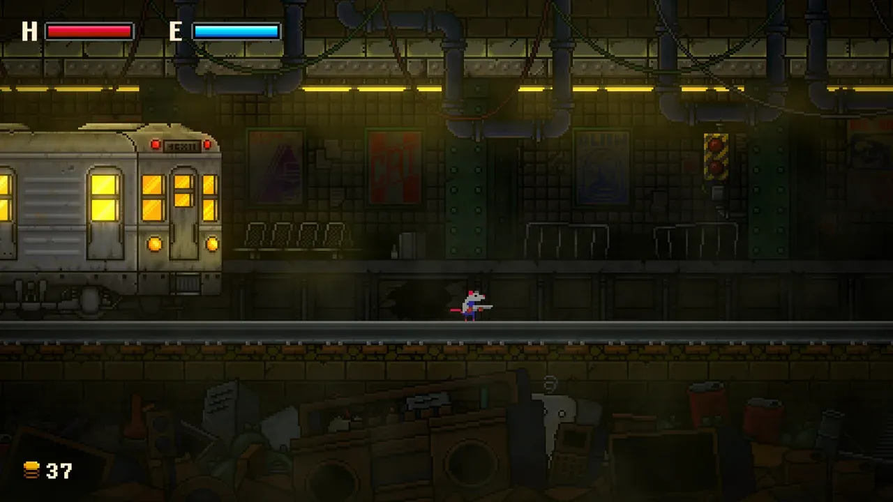 GUNRAT screenshot 2 — In the dark underground subway, a train approaches, brightly illuminating the tunnel with…