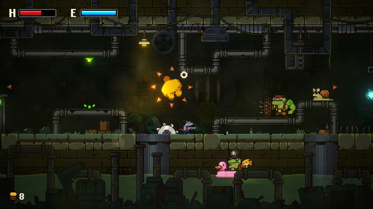 GUNRAT screenshot 3 — A fast-paced skirmish erupts in the cramped sewer tunnels. Amidst pipes, green sludge, an…