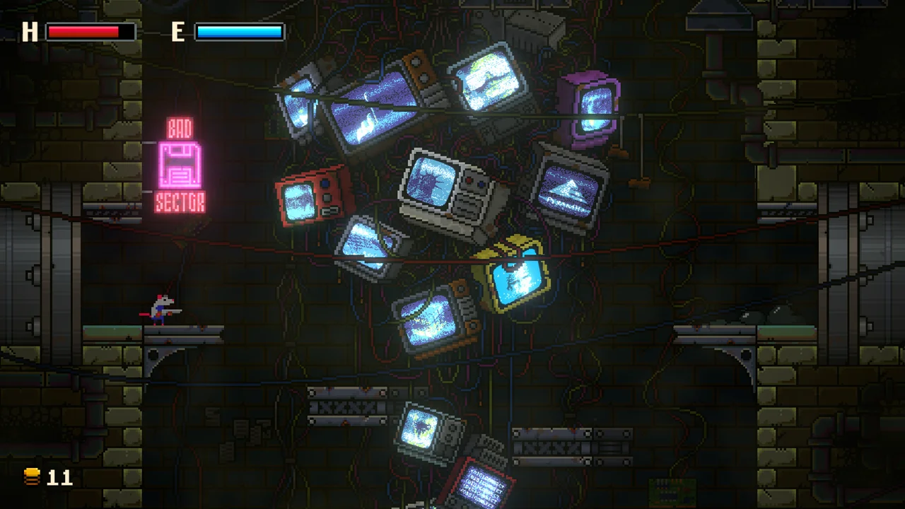 GUNRAT screenshot 1 — A marketplace chamber lies hidden deep within the sewers. Its central wall is dominated b…