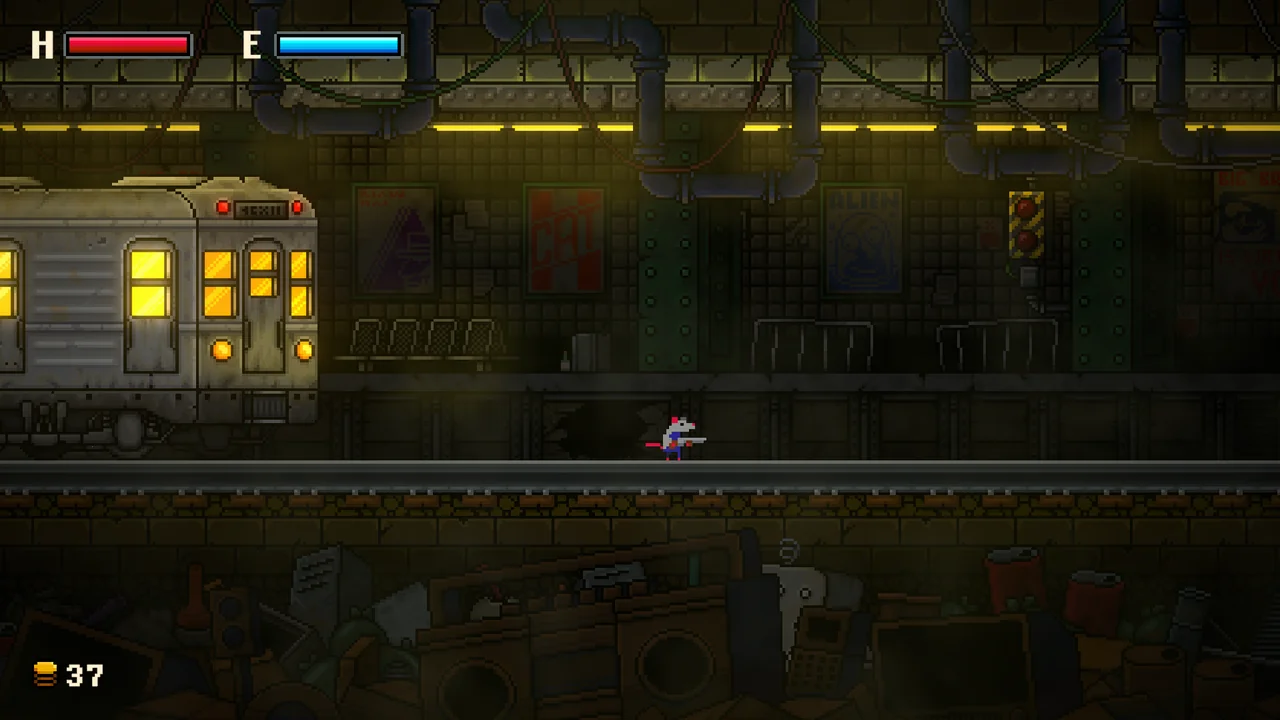 GUNRAT screenshot 2 — In the dark underground subway, a train approaches, brightly illuminating the tunnel with…