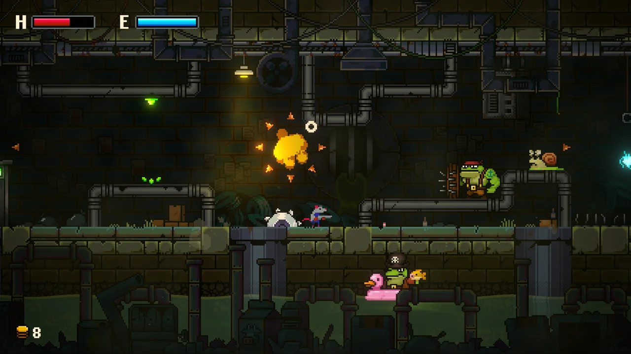 GUNRAT screenshot 3 — A fast-paced skirmish erupts in the cramped sewer tunnels. Amidst pipes, green sludge, an…